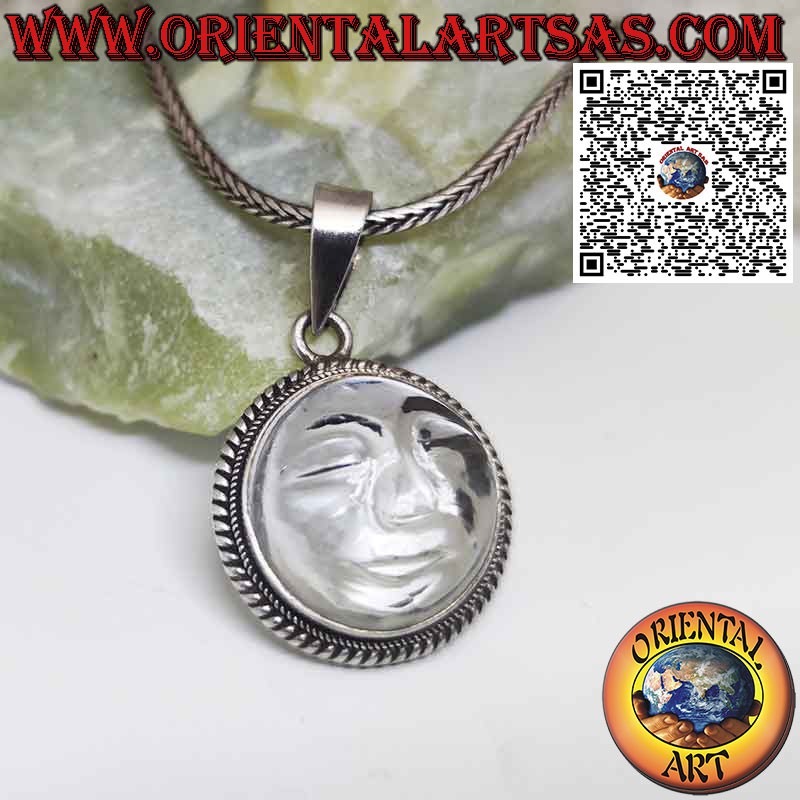 Pendentif soleil en argent sculpté sur cristal de roche avec bordure
