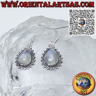 Silver earrings with teardrop rainbow moonstone, sphere edge