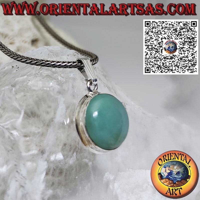 Ciondolo in argento con larimar naturale tonda incastonata a bordo semplice