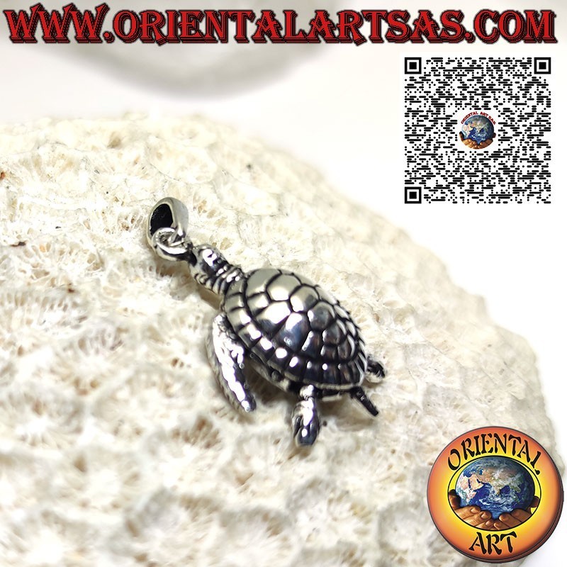 Sea turtle silver pendant, three-dimensional mobile
