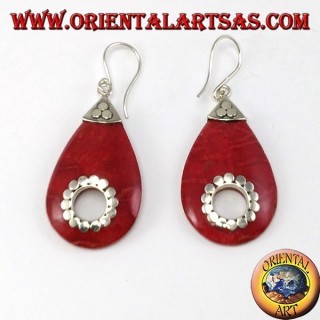 Boucles d'oreilles argent avec goutte d'eau de corail avec trou central (clouté)