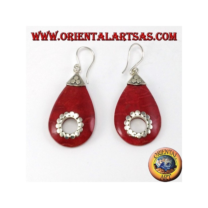Pendientes de plata con forma de lágrima coral con agujero central (tachonado)