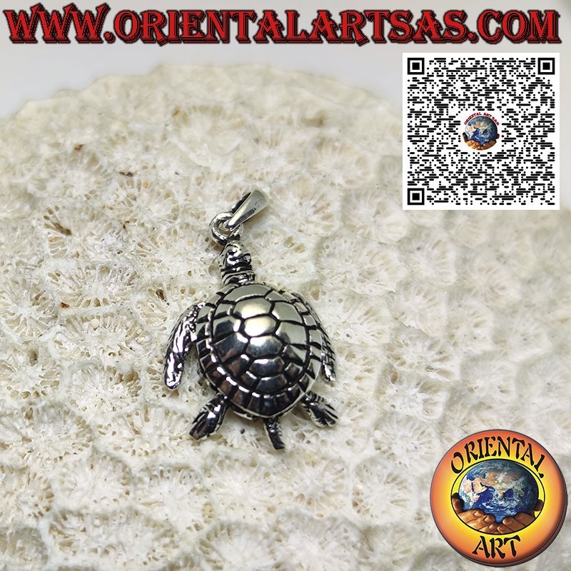 Sea turtle silver pendant, three-dimensional mobile