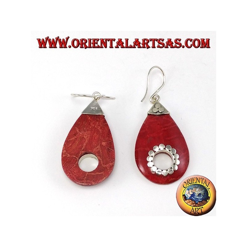 Boucles d'oreilles argent avec goutte d'eau de corail avec trou central (clouté)