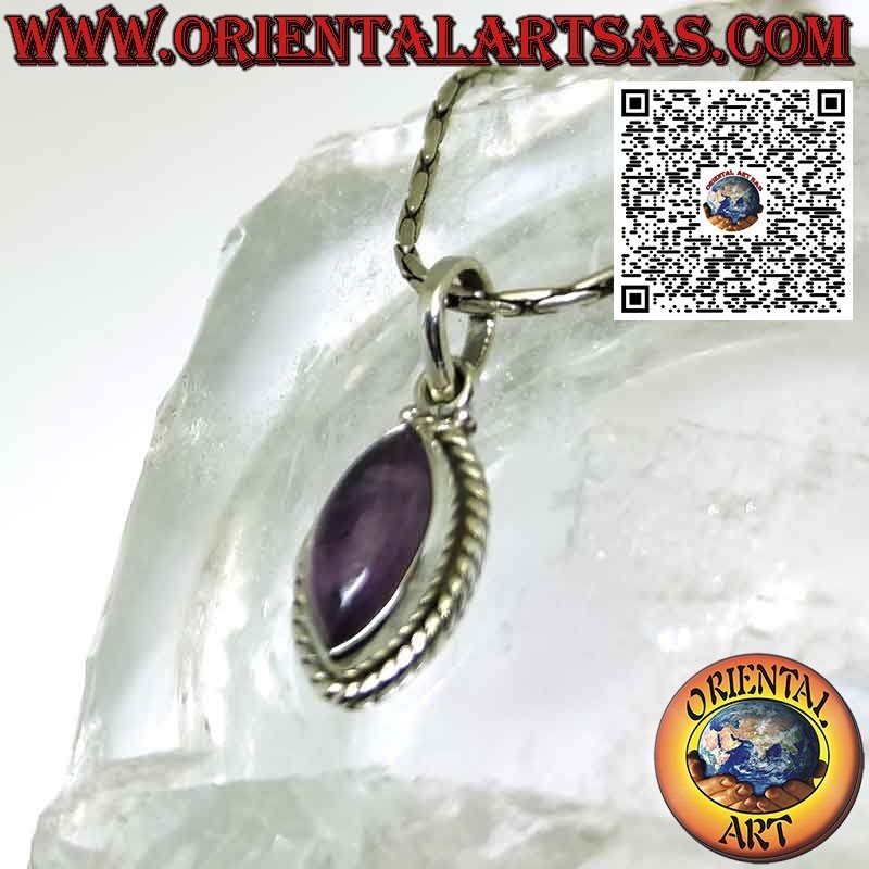 Silver pendant with cabochon cut natural shuttle amethyst
