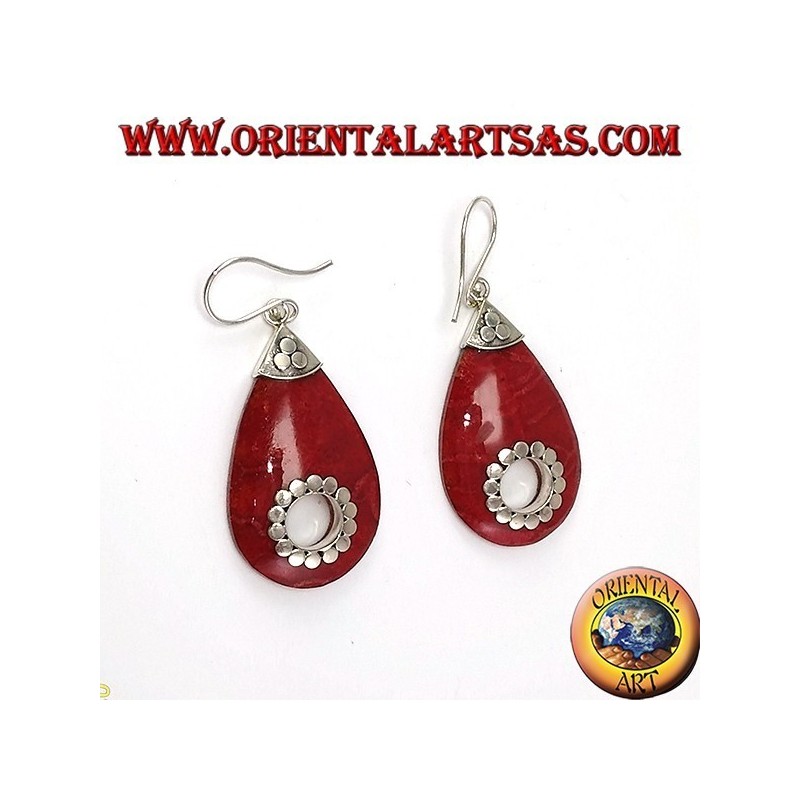 Silber-Ohrringe mit Korallen Teardrop mit dem zentralen Loch (besetzt)