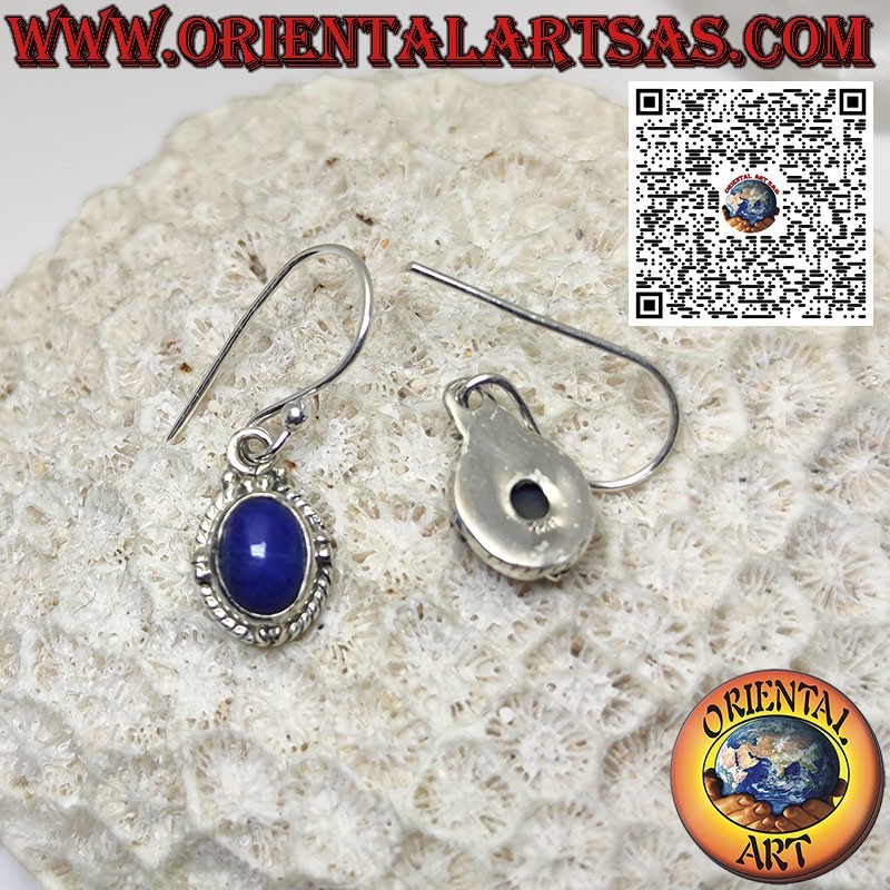 Silver earrings with oval natural lapis lazuli, spheres and braid