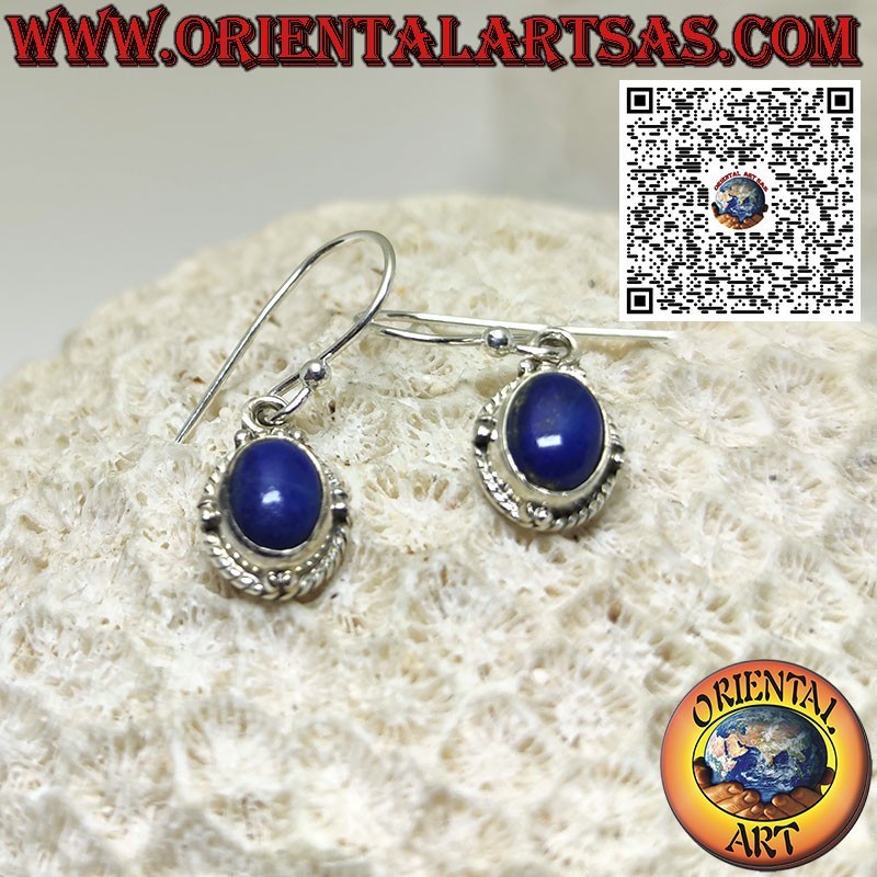 Silver earrings with oval natural lapis lazuli, spheres and braid
