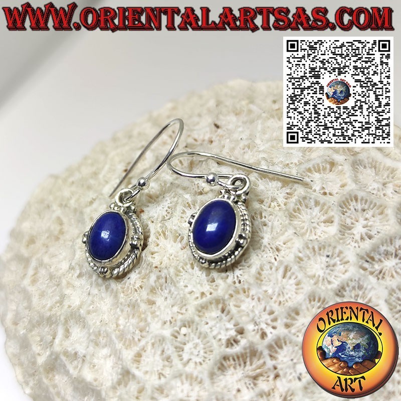 Boucles d'oreilles en argent avec lapis-lazuli naturel ovale, sphères et tresse