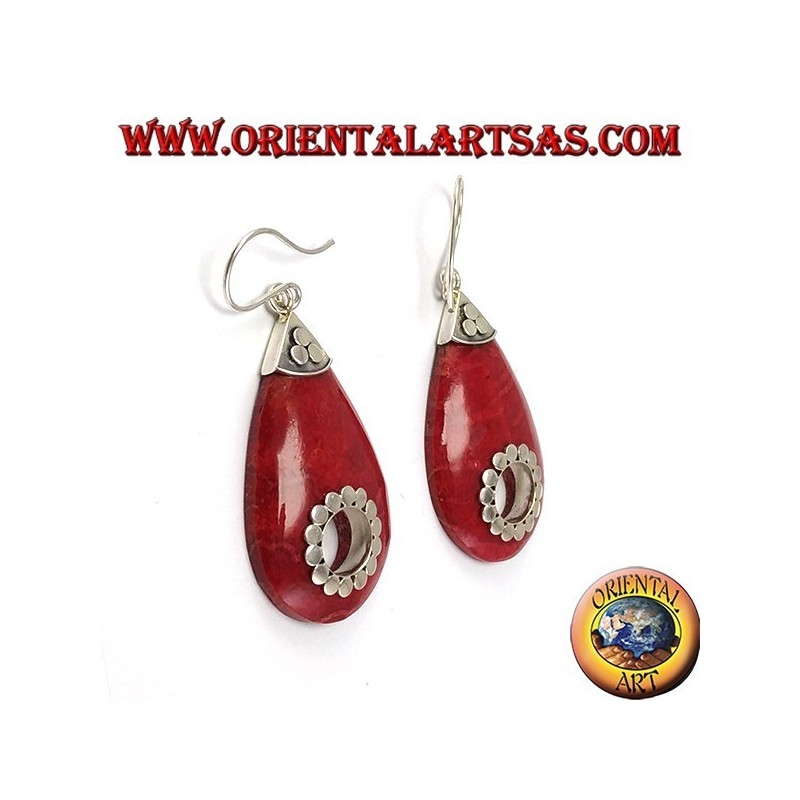 Boucles d'oreilles argent avec goutte d'eau de corail avec trou central (clouté)