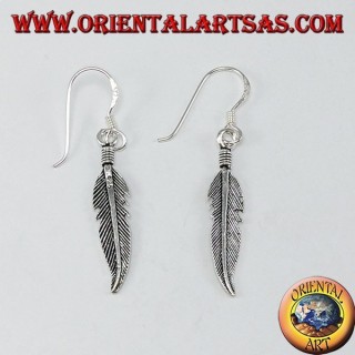 Silver pendant earrings with medium feather