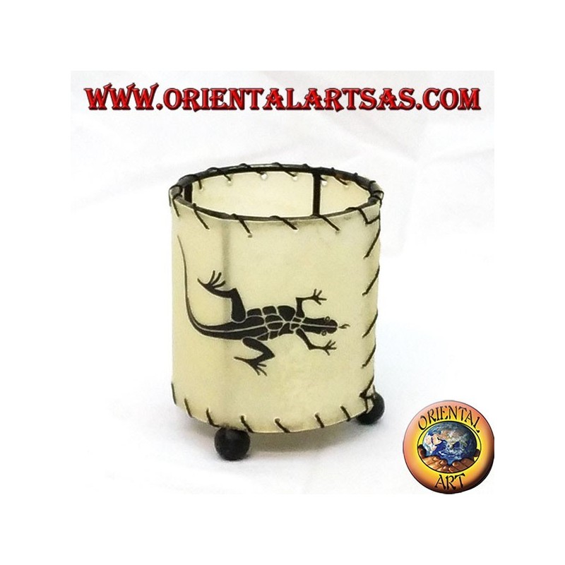 Cylindrical leather candle holder with drawn gecko
