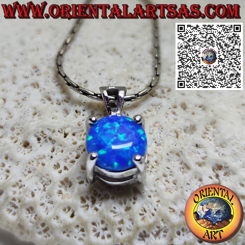 Silver pendant with round blue opal set with four prongs