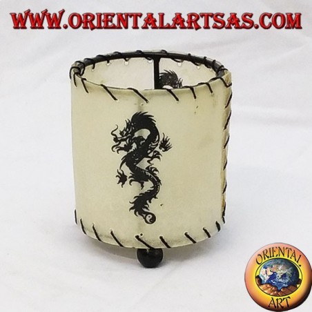 Portacandela in pelle, cilindrico con drago disegnato
