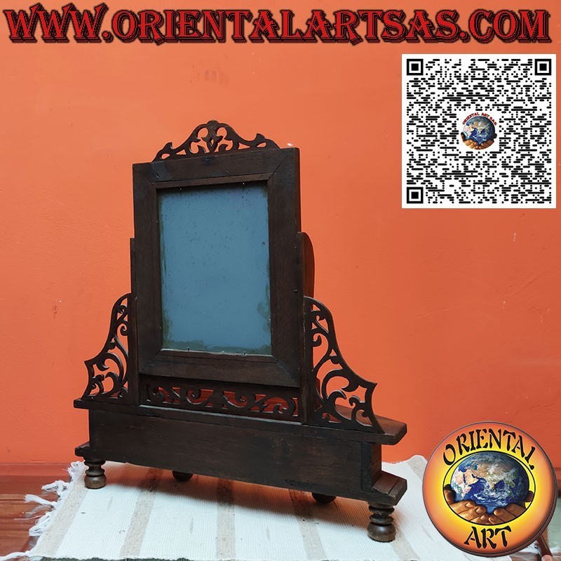 Specchio da appoggio in teak reclinabile con cassetto e decorazioni