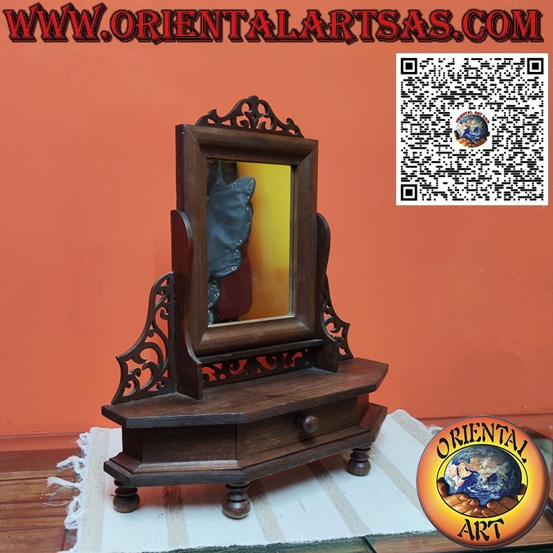 Specchio da appoggio in teak reclinabile con cassetto e decorazioni