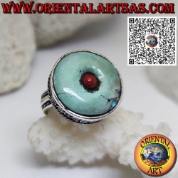 Silver ring with round ancient Tibetan turquoise and central coral