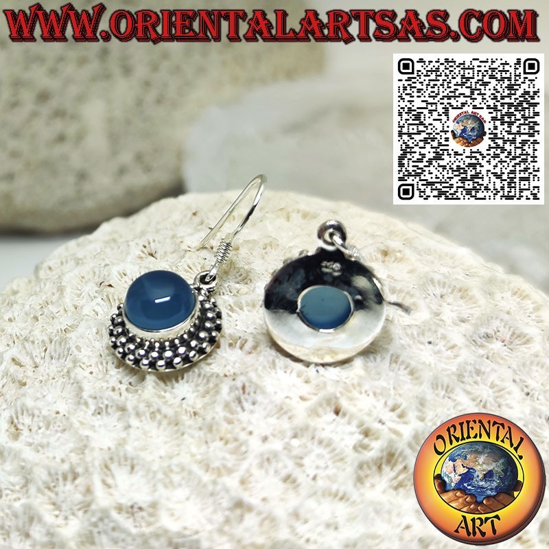 Silver earrings with round blue agate surrounded by 2 rows of spheres