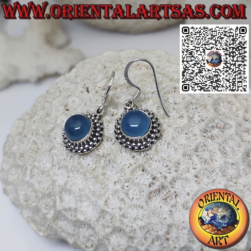 Silver earrings with round blue agate surrounded by 2 rows of spheres