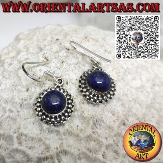 Boucles d'oreilles en argent avec lapis lazuli rond entouré de 2 rangées de sphères