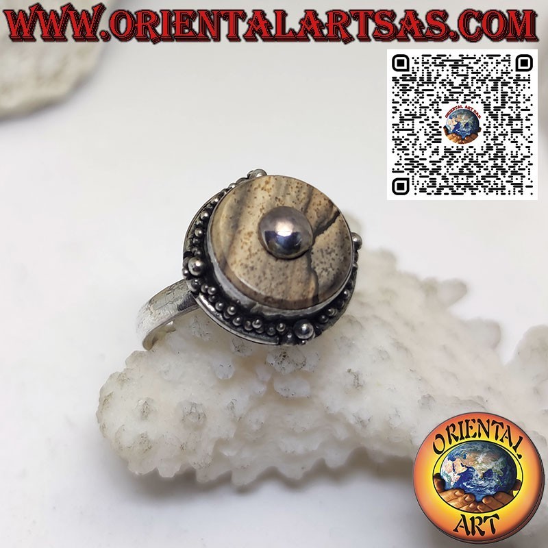 Bague en argent avec jaspe paysage rond et boule centrale (b)