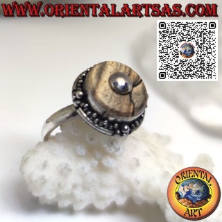 Bague en argent avec jaspe paysage rond et boule centrale (b)