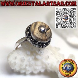 Silver ring with round landscape jasper and central ball (b)