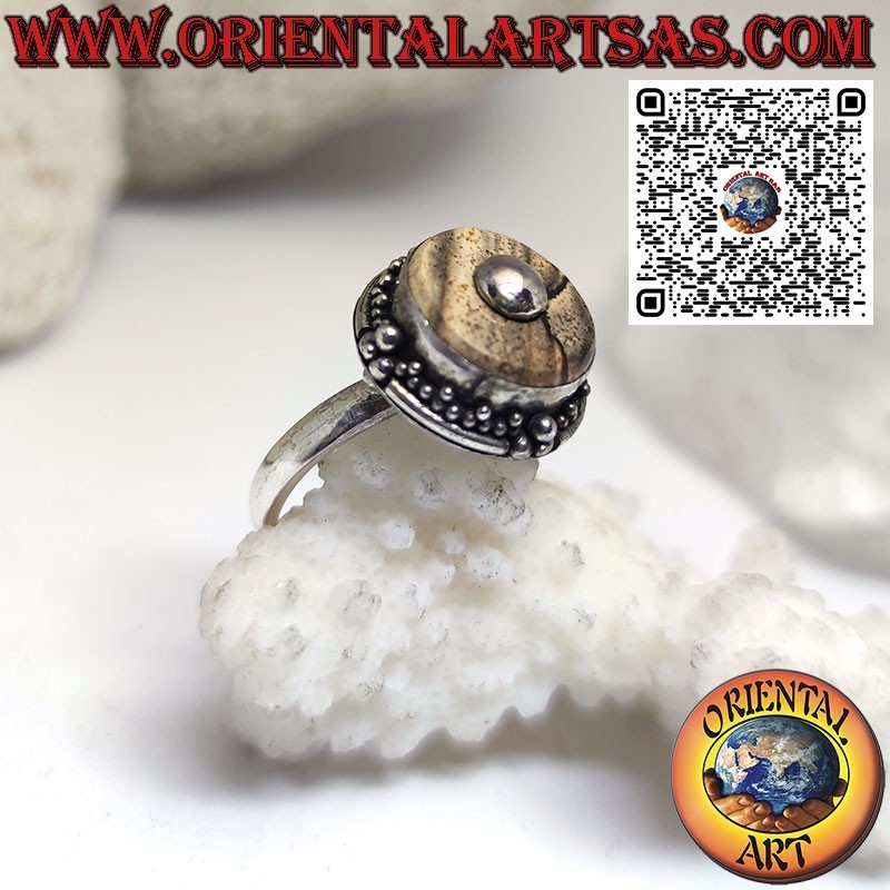 Bague en argent avec jaspe paysage rond et boule centrale (b)