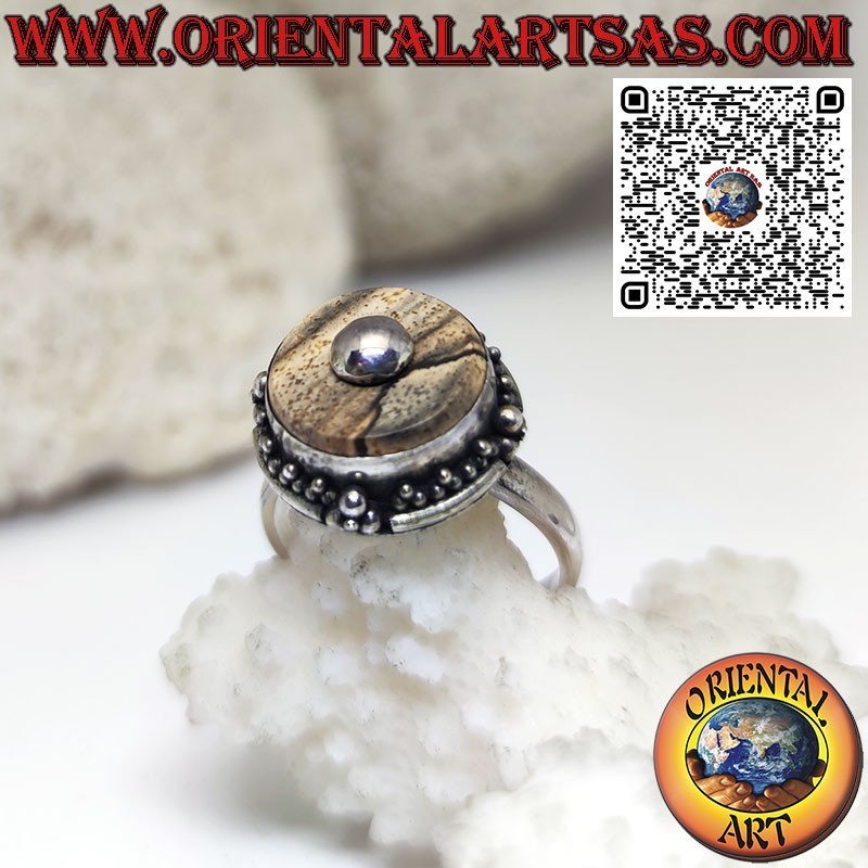 Silver ring with round landscape jasper and central ball (b)