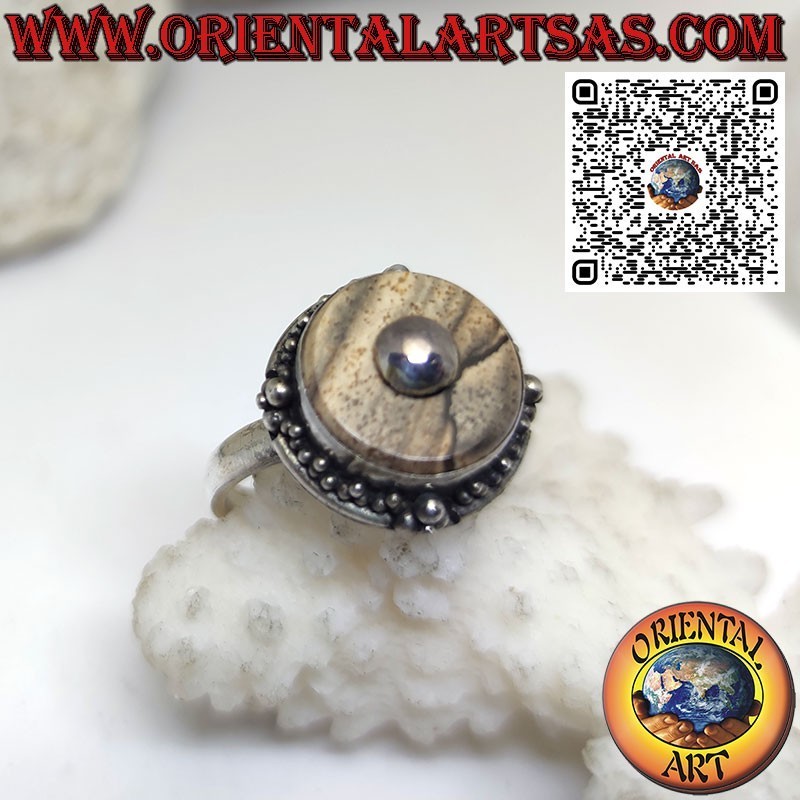 Silver ring with round landscape jasper and central ball (b)