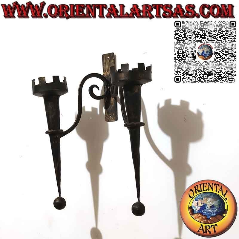 Medieval style wall candlestick with 2 torches in handmade wrought iron