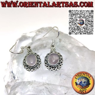 Orecchini in argento con quarzo rosa ovale contornato da cerchietti