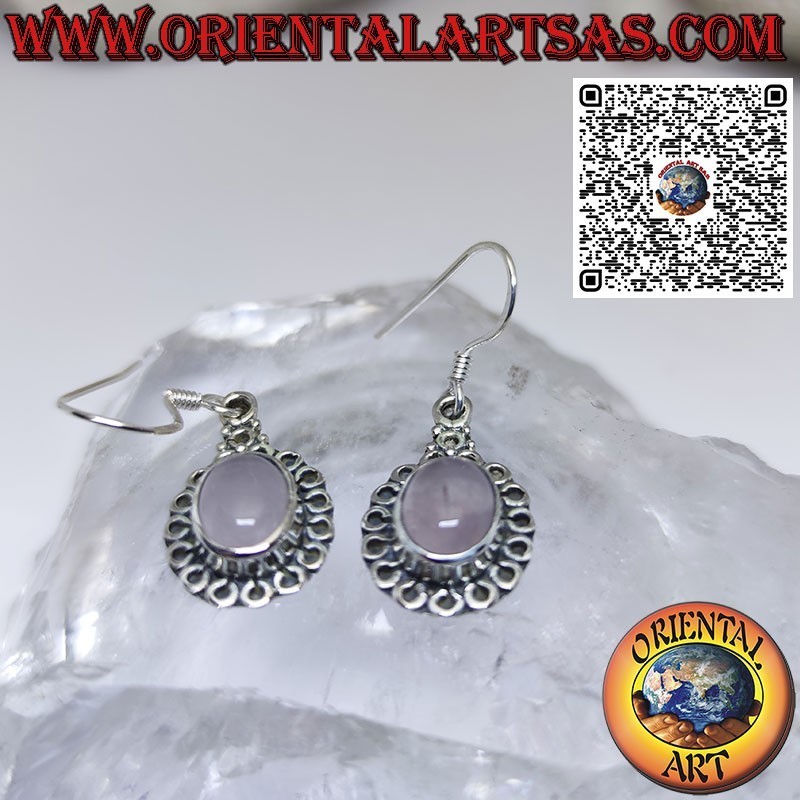 Silver earrings with oval rose quartz surrounded by circles
