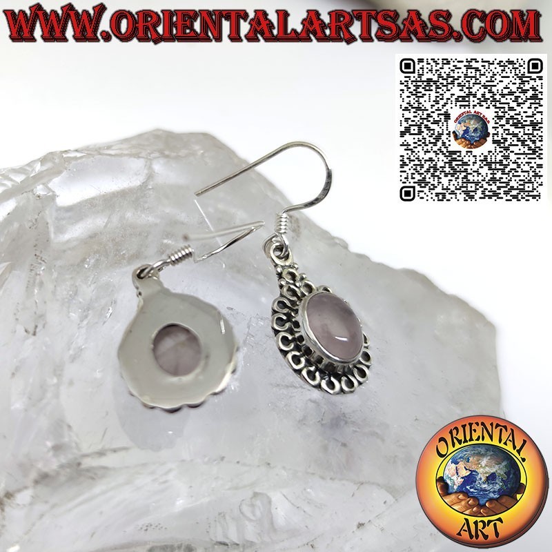 Pendientes de plata con cuarzo rosa ovalado rodeado de círculos