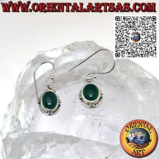 Silver earrings with oval natural green agate spheres and braid