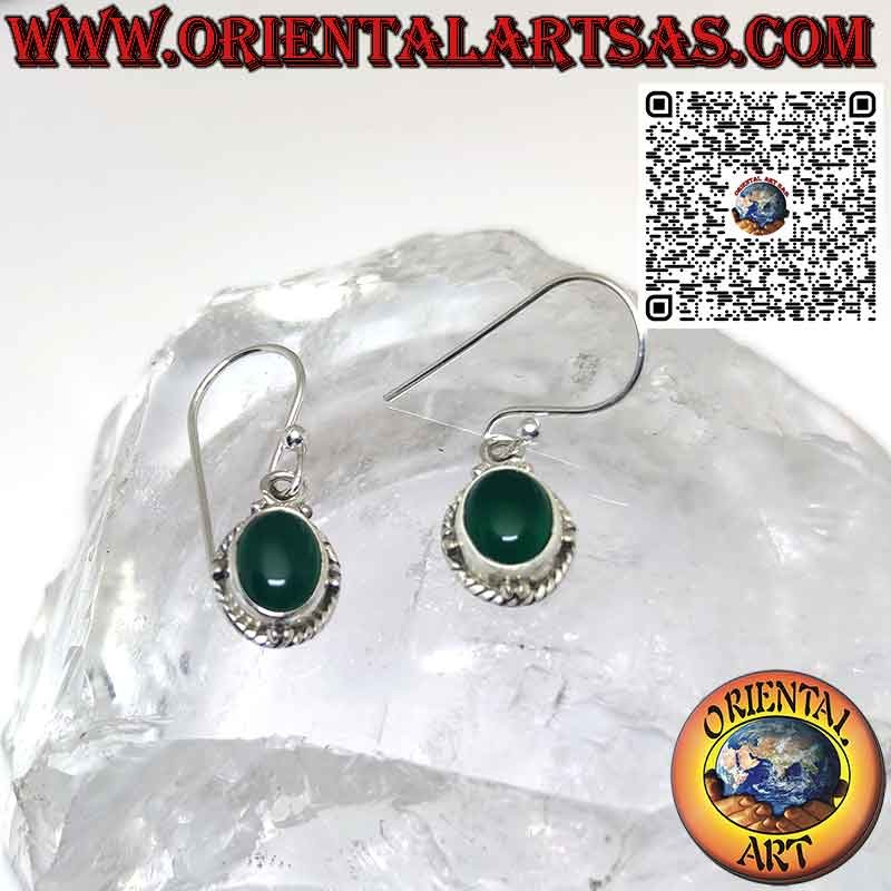 Boucles d'oreilles en argent avec sphères ovales d'agate verte naturelle et tresse