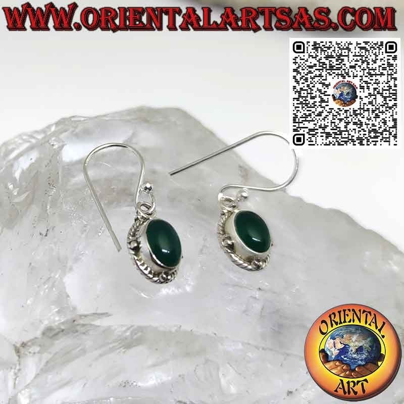 Boucles d'oreilles en argent avec sphères ovales d'agate verte naturelle et tresse