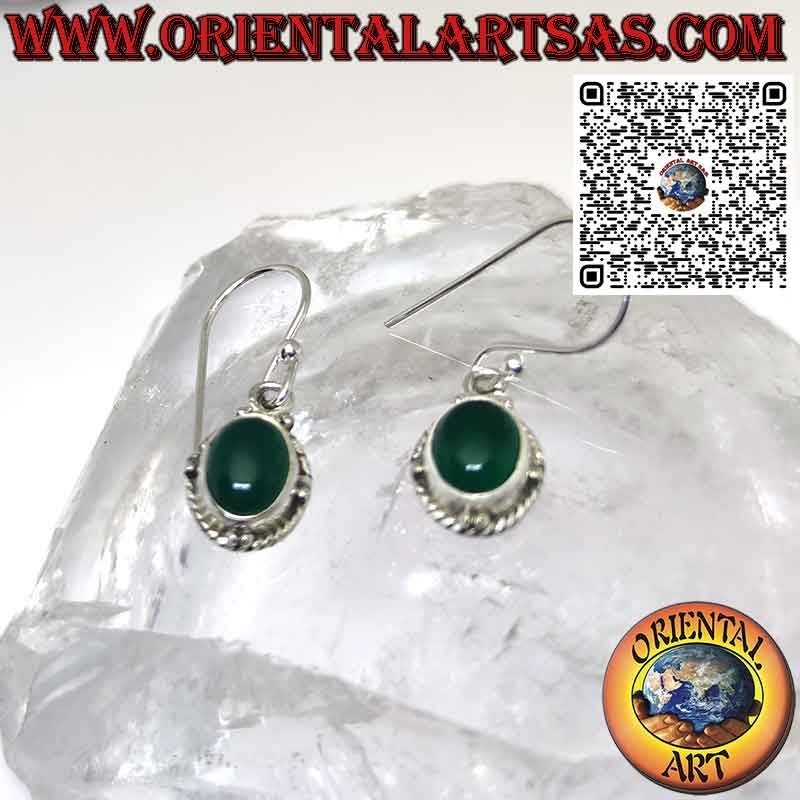 Boucles d'oreilles en argent avec sphères ovales d'agate verte naturelle et tresse