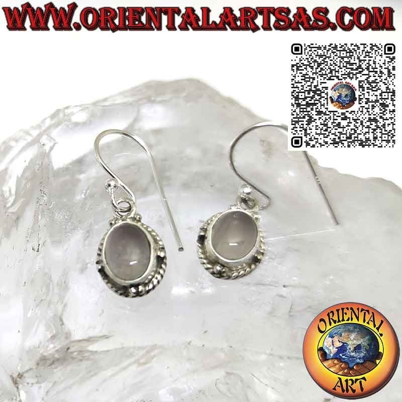 Silver earrings with oval natural moonstone spheres and braid