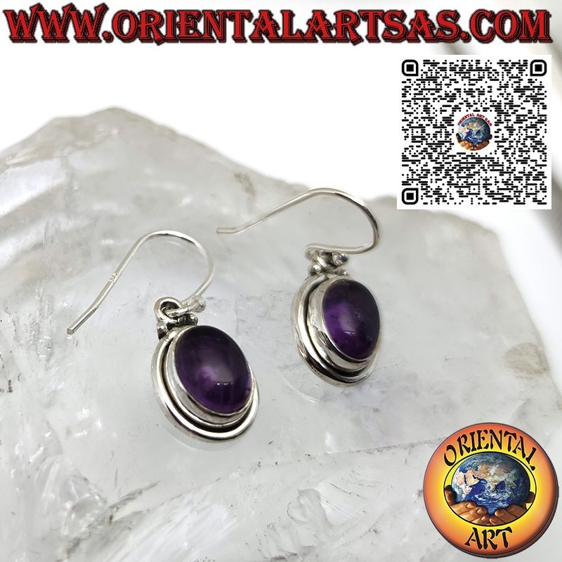Silver earrings with oval amethyst cabochon with a simple double edge
