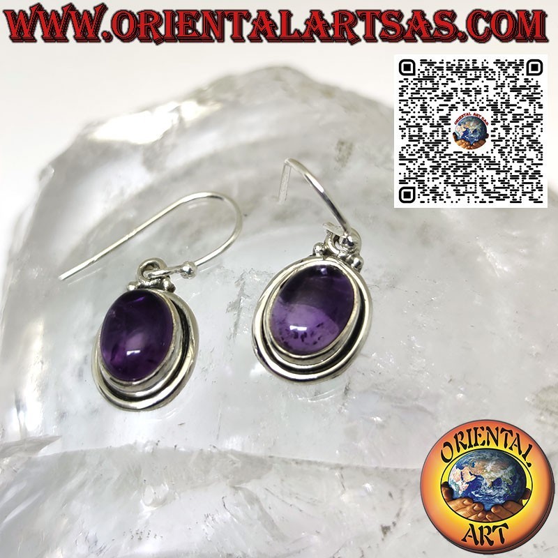 Boucles d'oreilles en argent avec cabochon d'améthyste ovale à double bord simple