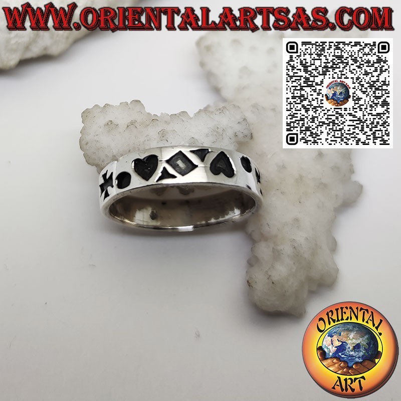 Silver band ring with star, cross, heart and rhombus engravings