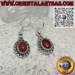 Silver earrings with natural oval carnelian surrounded by circles