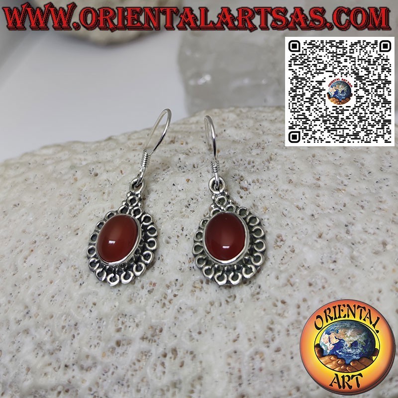 Silver earrings with natural oval carnelian surrounded by circles