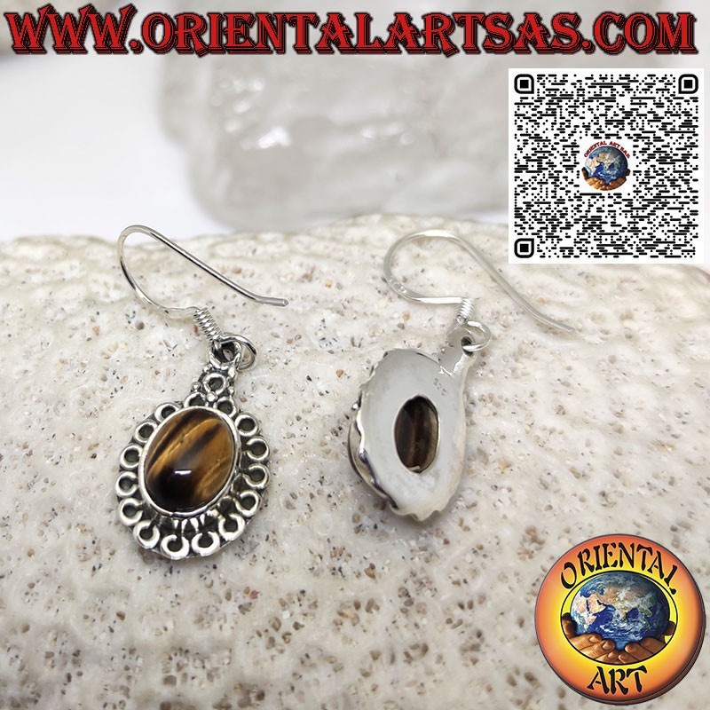 Silver earrings with oval tiger eye surrounded by circles