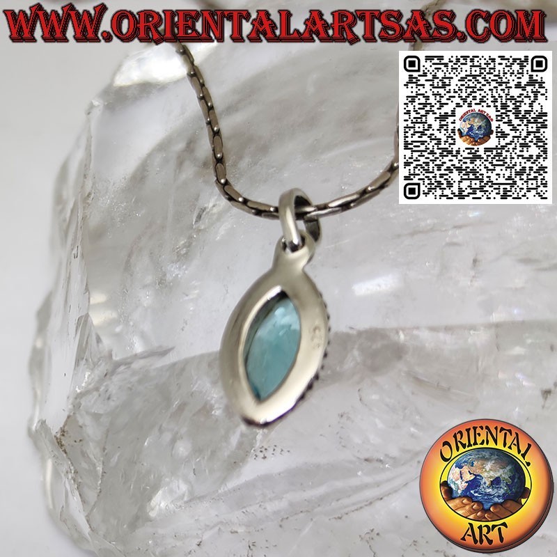 Silver pendant with blue shuttle topaz surrounded by a braid