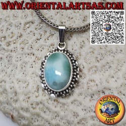 Silver pendant with oval natural larimar surrounded by spheres