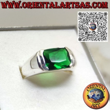 Silver ring with rectangular synthetic emerald set crosswise
