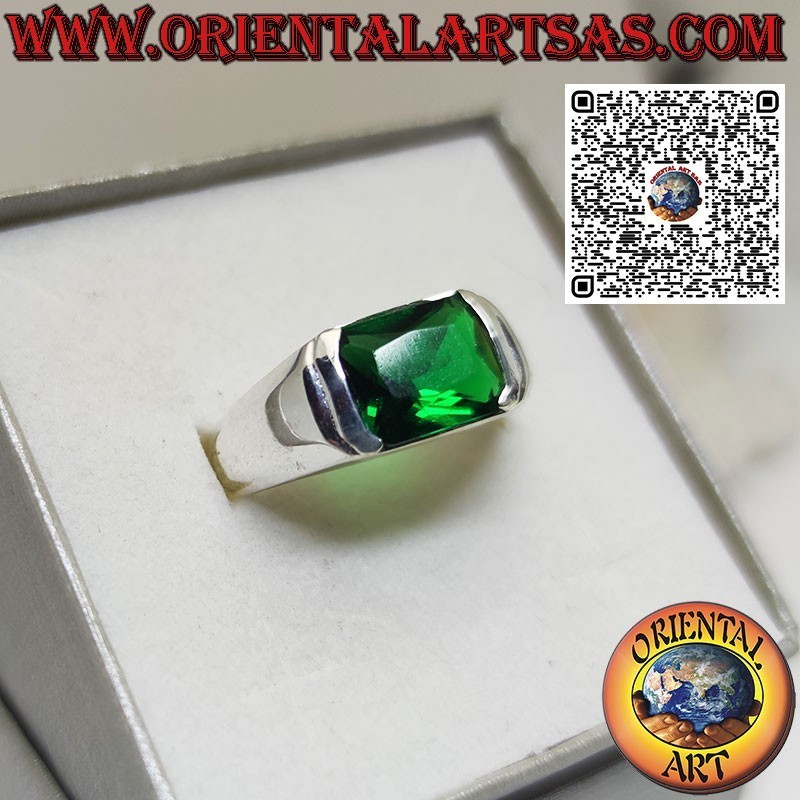 Silver ring with rectangular synthetic emerald set crosswise