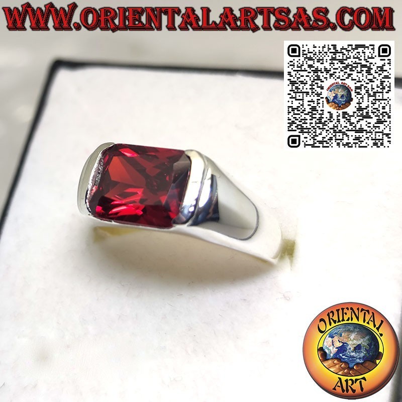 Silver ring with rectangular garnet set crosswise